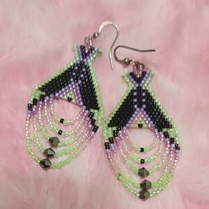 Native American Beaded Earrings Black, Green, Purple, Pink